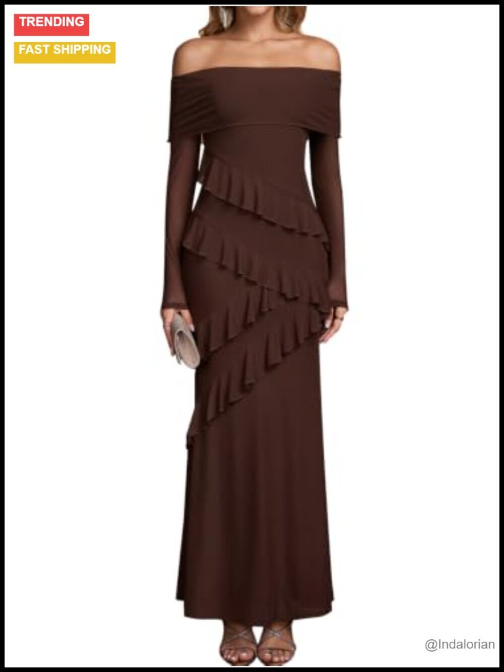 Off Shoulder Long Sleeve Mesh Maxi Dress Formal Wedding Guest